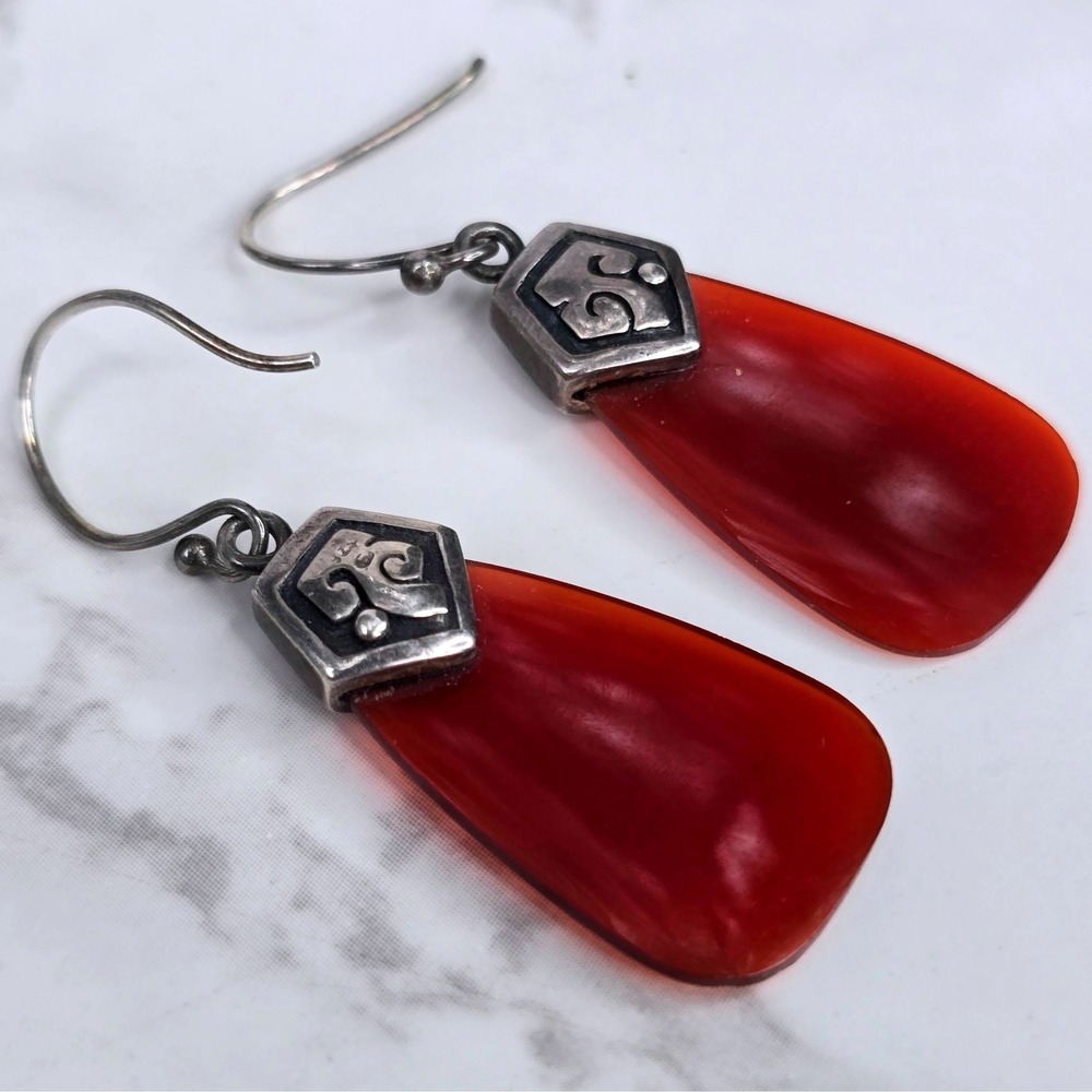 Vintage 925 Sterling Silver Red Stone Drop Earrings Artisan Dangle French Hook